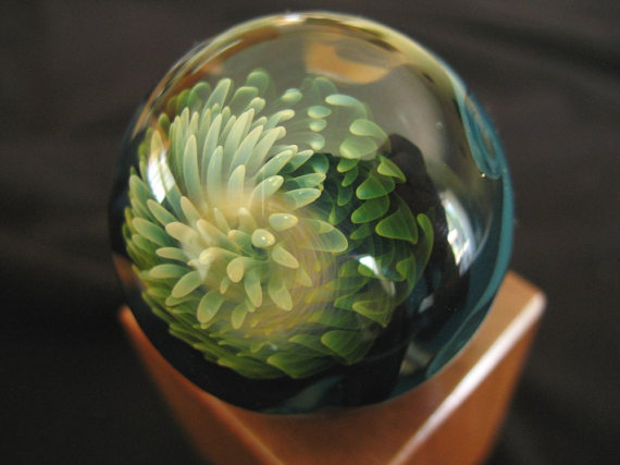 Стеклянный шар, внутри которого раскрывает лепестки нежный фантазийный цветок